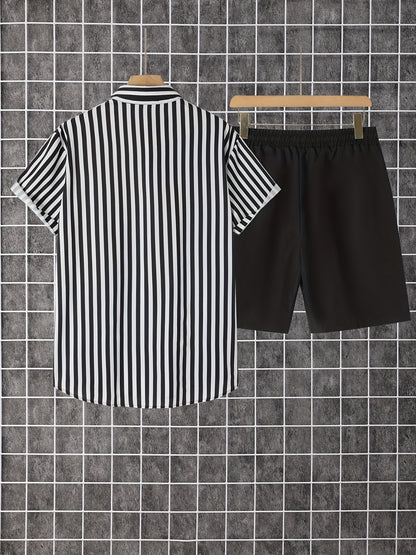 2pcs Men'S Casual Summer Outfit Set, Striped Short Sleeve Button Up Lapel Shirt Top & Solid Drawstring Shorts With Pockets For Casual Daily Wear And Holiday Resorts