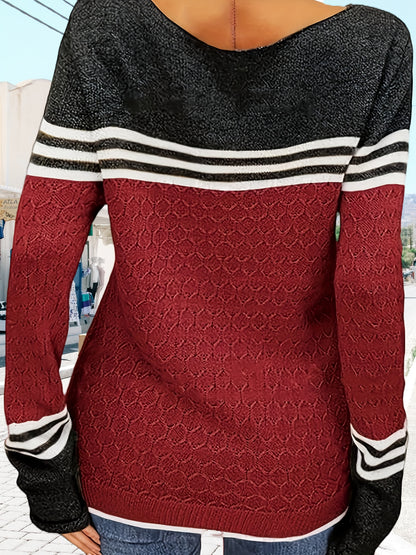 Color Block Sweater with Crew Neck, Casual Long Sleeve Pullover for Autumn And Winter, Women'S Apparel