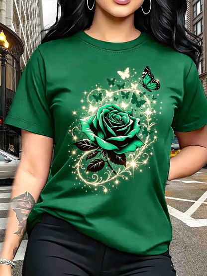 Women's Casual T-shirt, Chic Butterfly Pattern Print T-shirt - Rose Elements, Gifts, Casual Crew Neck Top - Breathable, Light and Comfortable, Suitable for Spring and Summer Wardrobes