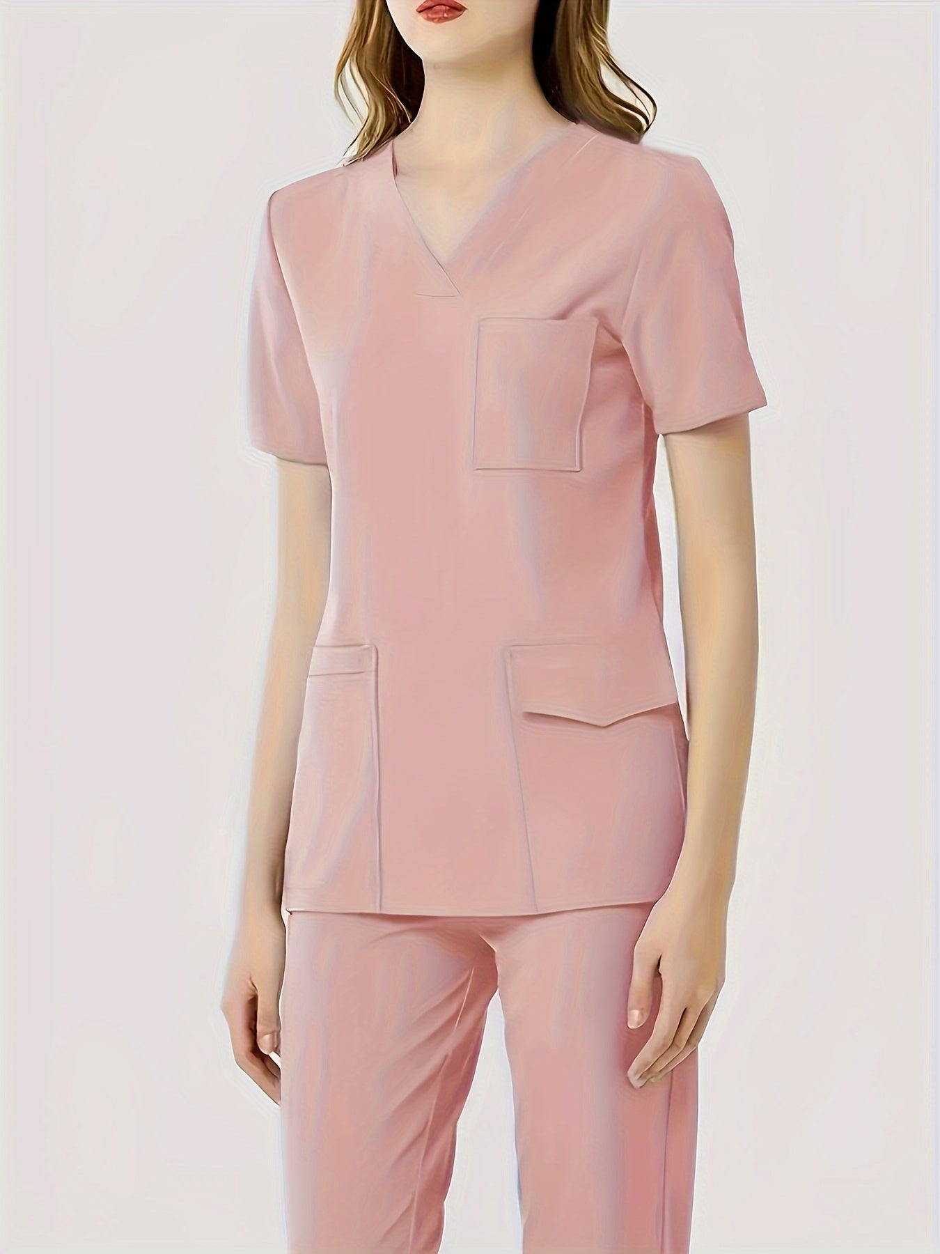 Ultra-Soft Womens Two-Piece Health Care Uniform Set - Stylish V-Neck Top With Practical Pockets & Sleek Solid Pants - Premium Quality, Comfortable Everyday Wear For Women