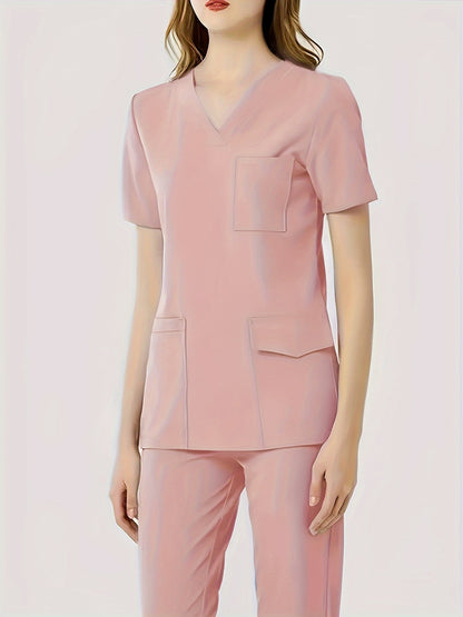 Ultra-Soft Womens Two-Piece Health Care Uniform Set - Stylish V-Neck Top With Practical Pockets & Sleek Solid Pants - Premium Quality, Comfortable Everyday Wear For Women