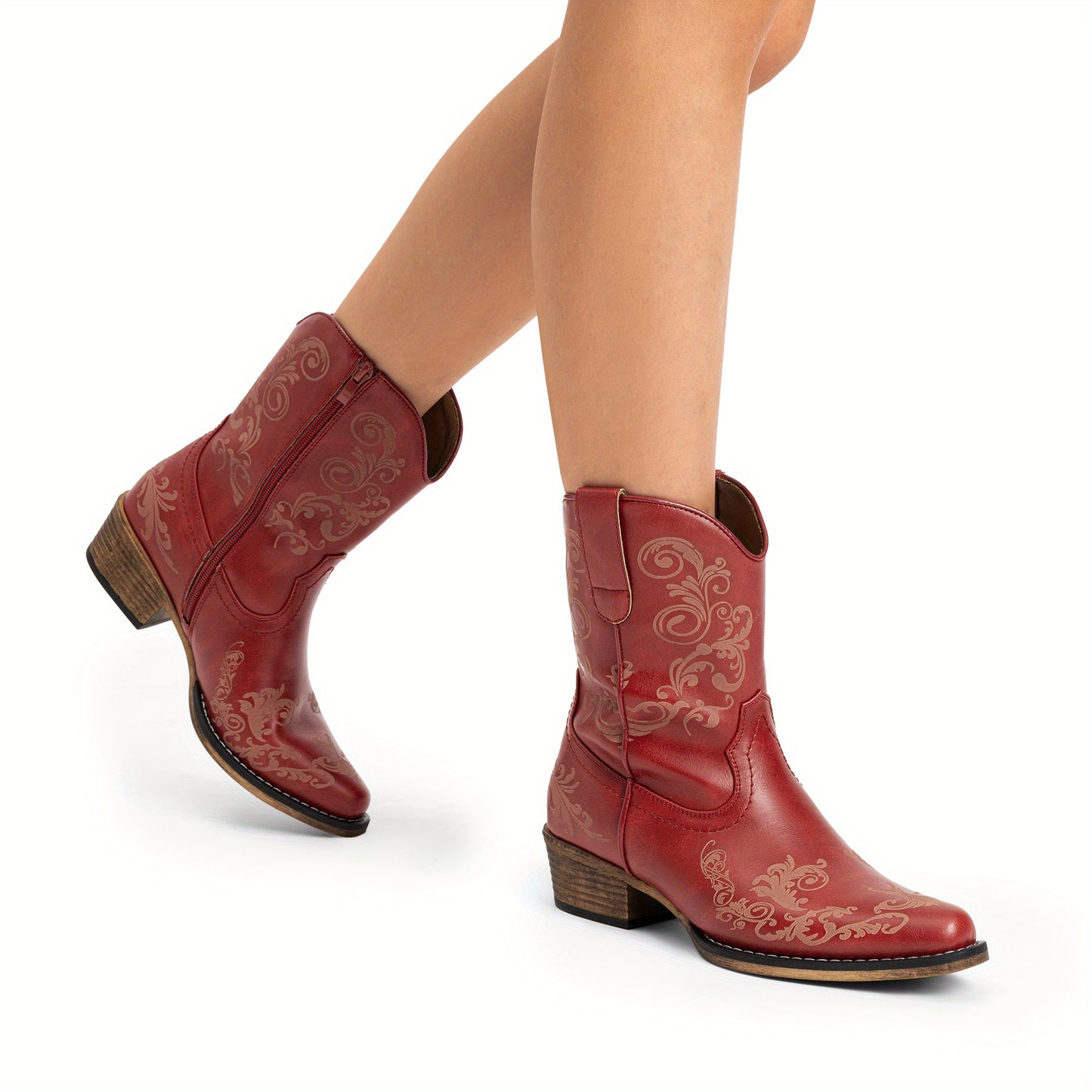 Women's Western Cowgirl Boots - Low Chunky Heel Square Toe Ankle Booties with French Heel & TPR Sole, Retro Round/for - Cowboy Boots for Ranch, Festival, Casual Wear (Zipper Closure), Women Shoes