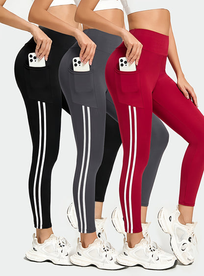 2pcs Set High-Waisted Yoga Leggings, Double-Stripe Design with Pockets, Ultra-Stretch, Comfortable & Machine Washable, Yoga & Fitness Workouts, All-Season Wear | Fashion Activewear | High-Stretch Fabric