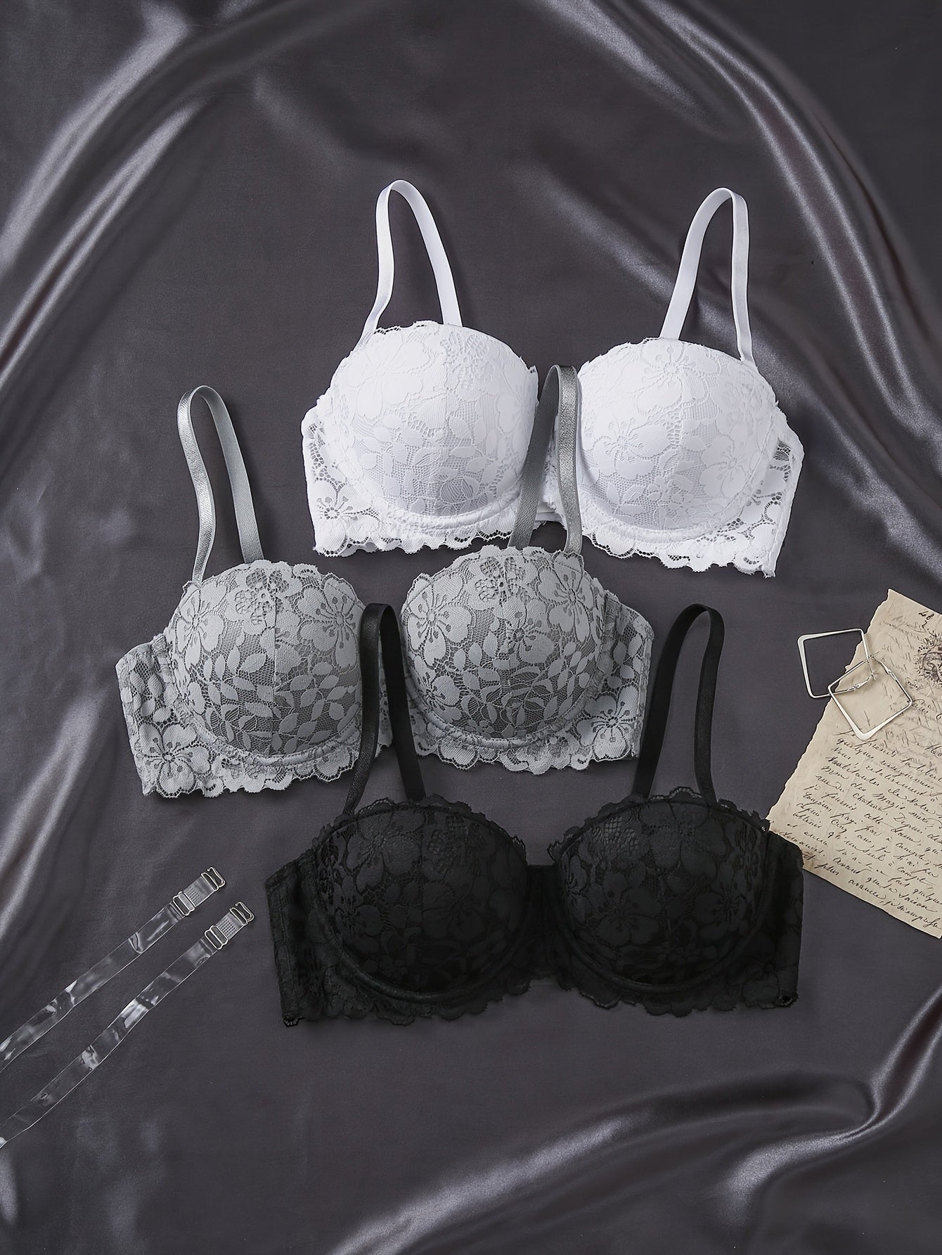 3-Pack Lace Sexy Bra for Women, with Adjustable Thin Straps, 3 Color Combinations, Lace Hollow And Breathable, Deep V Cut, Sexy And Versatile, Comfortable Underwire Bra