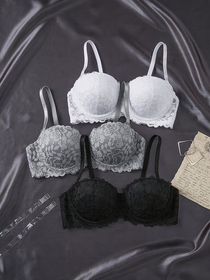 3-Pack Lace Sexy Bra for Women, with Adjustable Thin Straps, 3 Color Combinations, Lace Hollow And Breathable, Deep V Cut, Sexy And Versatile, Comfortable Underwire Bra