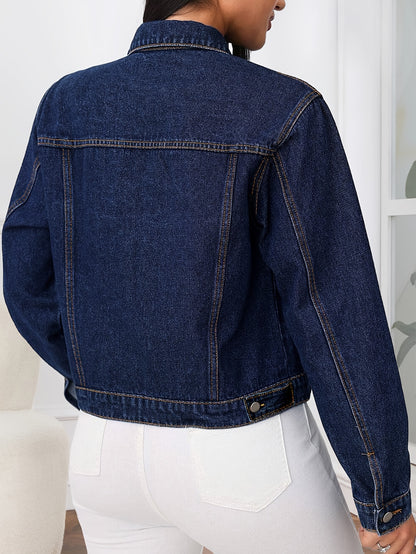 Women'S Casual Blue Denim Jacket with Lapel Collar & Multiple Pockets - Long Sleeve, Button-Up Front, Regular Fit Spring/Fall Outerwear, Spring Outerwear, Classic Buttonup Jacket, Nonstretch Fabric