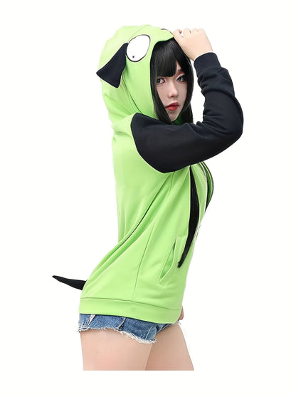 Women Cosplay Hoodie Jacket Green Coat with Ears for Halloween Party