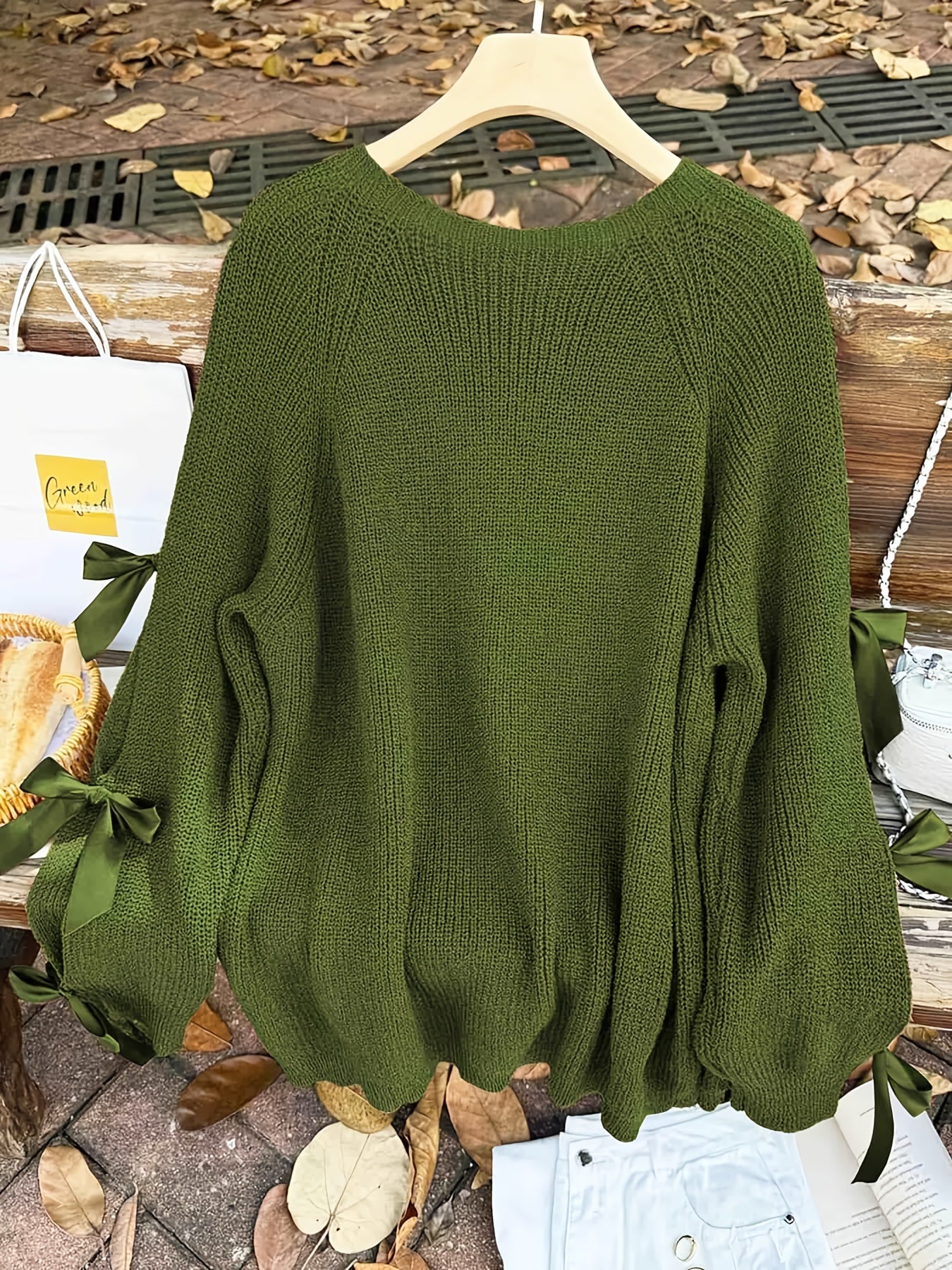 Plus Size, Plus-size  Sweet Style, Round Neck Balloon Sleeve Bow Sweater, Autumn and Winter Atmosphere Items