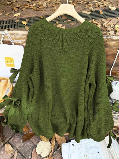 Plus Size, Plus-size  Sweet Style, Round Neck Balloon Sleeve Bow Sweater, Autumn and Winter Atmosphere Items