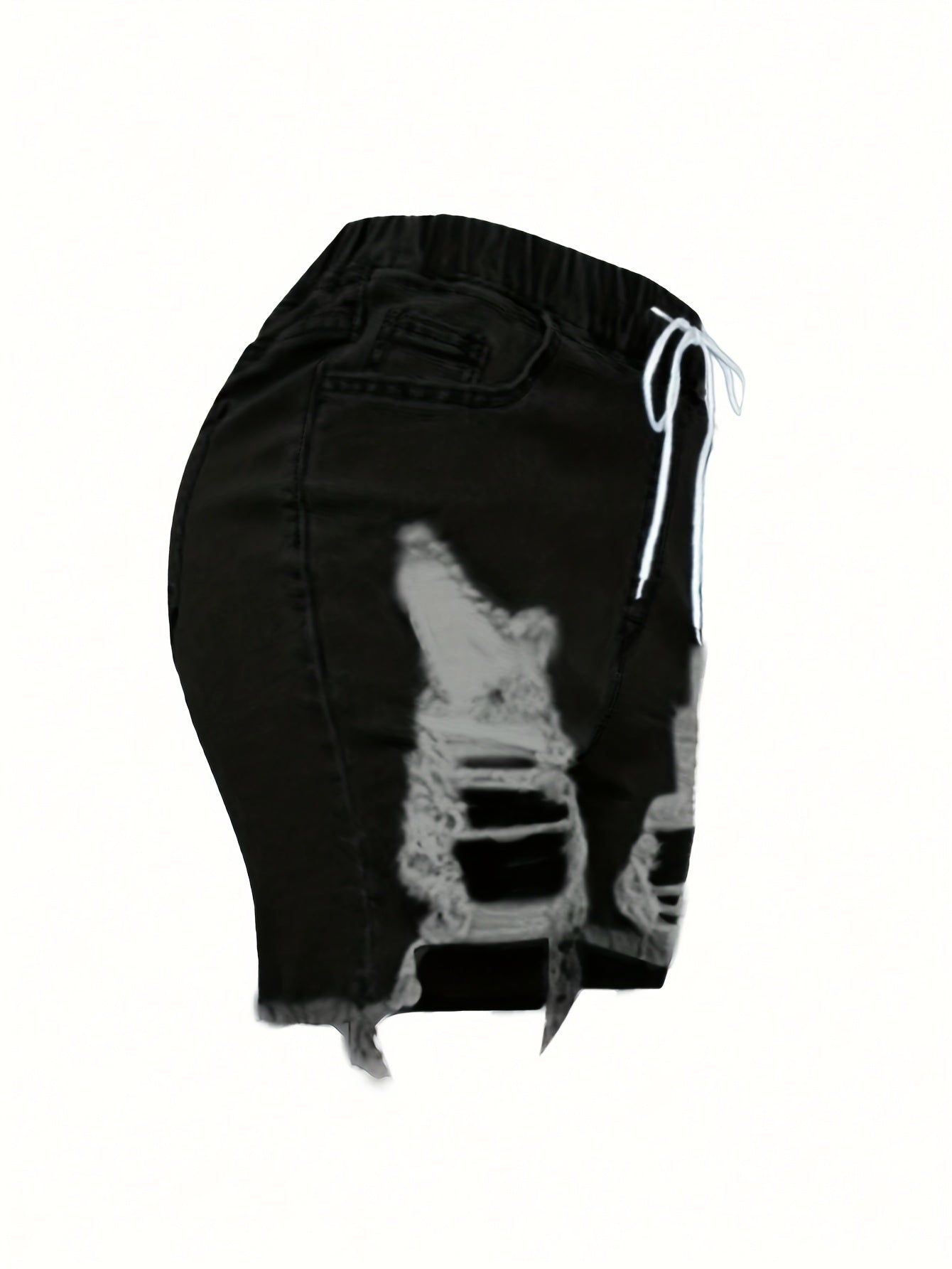 Ladies' Fashionable Ripped Denim Shorts, Mid Waist Straight Leg Pants, Waist Drawstring Design, Frayed Edges with Pockets, Summer Casual Wear