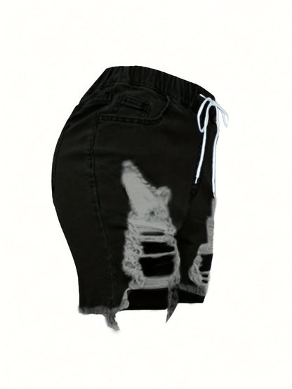 Ladies' Fashionable Ripped Denim Shorts, Mid Waist Straight Leg Pants, Waist Drawstring Design, Frayed Edges with Pockets, Summer Casual Wear