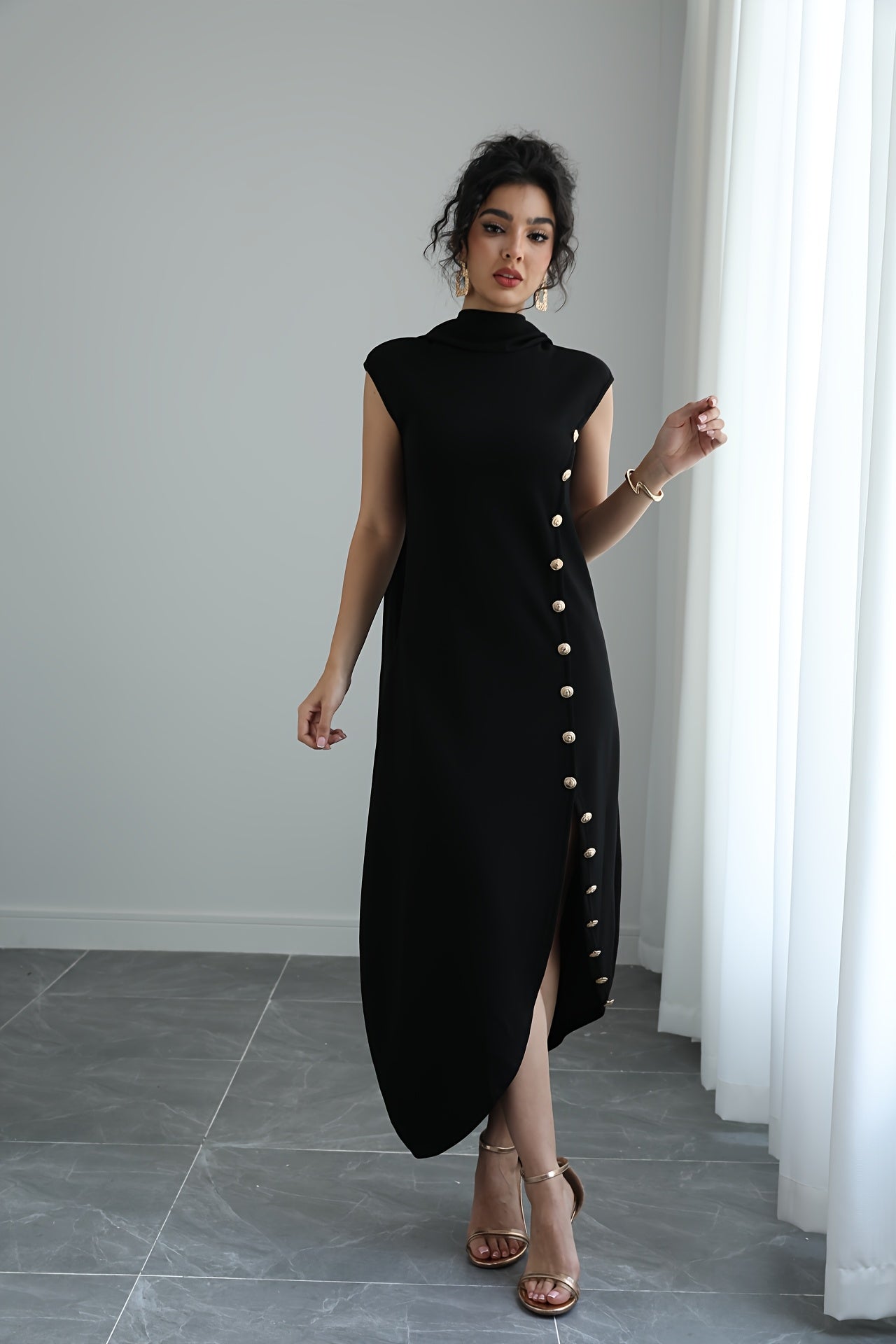Women'S Elegant High Neck Sleeveless Maxi Dress with Shawl Collar & Split Hem - Solid Color A-Line Silhouette, Floor-Length to Mid-Calf Length Adjustable Maxi Dress for Spring Summer Fall, Casual to Formal Events, Wrinkle-Resistant Fabric (No Lining) - Ve