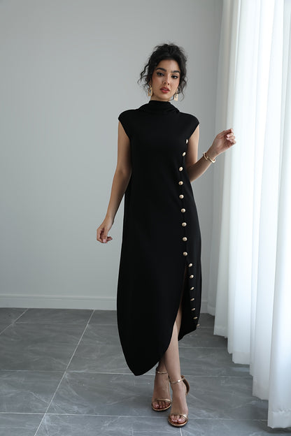 Women'S Elegant High Neck Sleeveless Maxi Dress with Shawl Collar & Split Hem - Solid Color A-Line Silhouette, Floor-Length to Mid-Calf Length Adjustable Maxi Dress for Spring Summer Fall, Casual to Formal Events, Wrinkle-Resistant Fabric (No Lining) - Ve