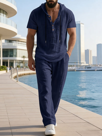 Men'S Casual Linen Hooded 2pcs Set, Short Sleeve Drawstring Henley Shirt And Wide Leg Pants, Breathable Non-Stretch Fabric, Loose Fit for Vacation, Home And Outdoor, Multi-Color Options