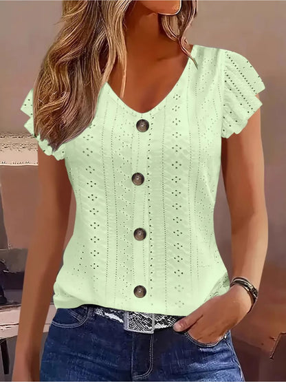 Women's Elegant V-Neck Ruffled Short Sleeve Top with Decorative Buttons, Casual Eyelet Embroidered Jacquard T-Shirt for Spring& Summer, Women's Clothing