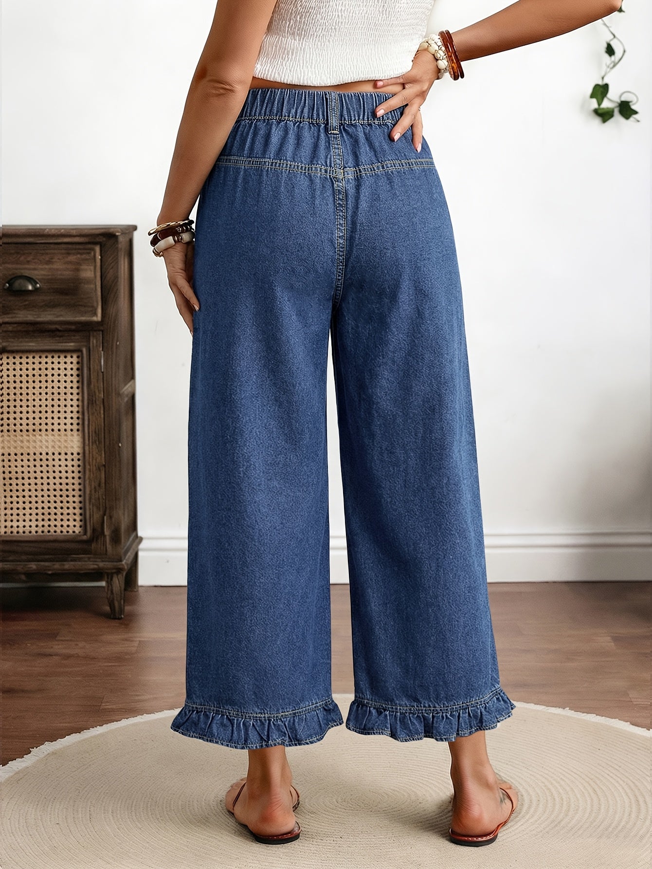 Women's Capri Pants, Long-length Denim Jeans with an Elastic Waistband, Ruffled Hems, Loose and Comfortable Fit, Solid Blue Color, High-waisted Straight-leg Style, with Pockets, Elegant, Mature, Fashionable, Casual, and Versatile, Suitable for Spring
