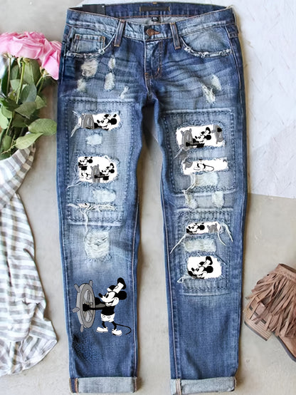 Women'S Distressed Jeans with Patch Printing, Featuring a Cartoon Mouse Pattern Patchwork, a Retro Vintage Style, And "Cartoon Mouse" Printed on The Cuffs