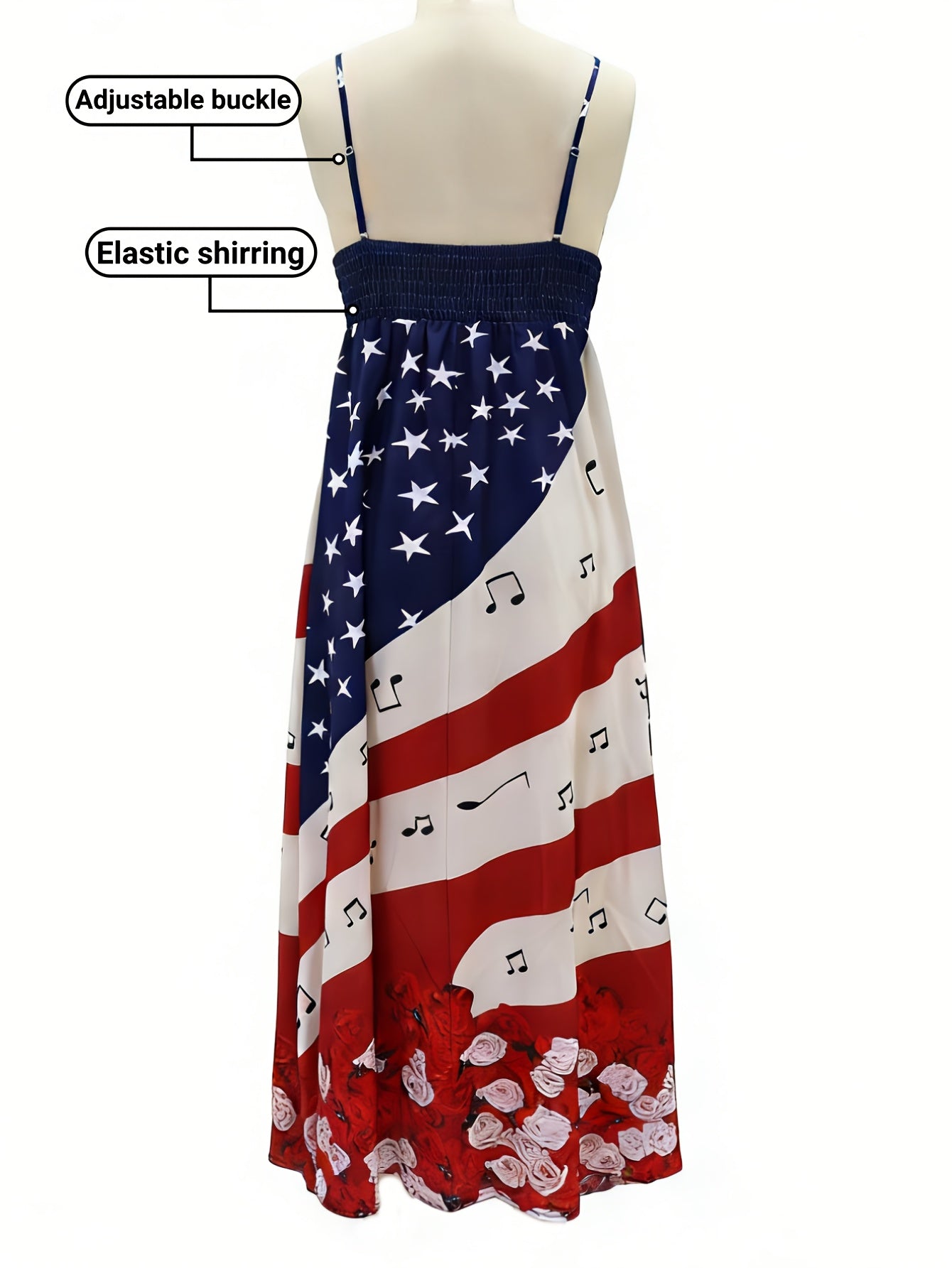 Women's Patriotic Maxi Dress - A-Line Silhouette, Suitable for Vacation, Leisure & Beach Outings, Loose Fit, National Flag Pattern, Sleeveless, V-Neck, Red National Flag Design with Built-In Cups