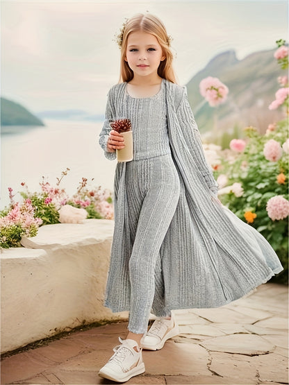 Stretchy Knitwear 3pcs Girls, Long Sleeve Shawl Knit Cardigan + Top + Leggings Kids Gift, perfect for casual outdoors & walking dog, Perfect for Outdoor