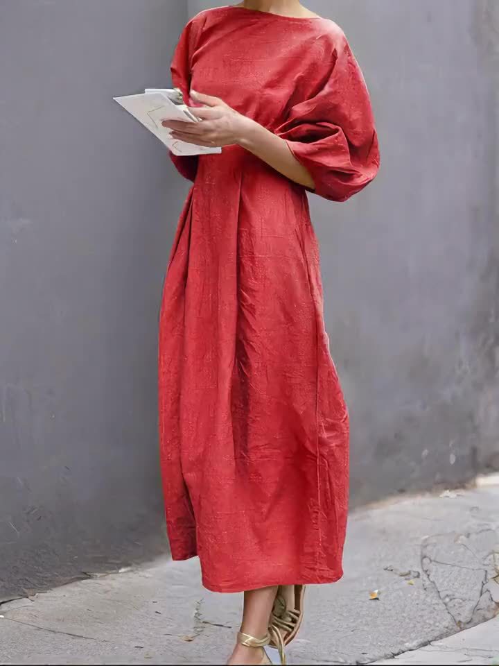 [Linen Puff Sleeve Dress] Summer Loose Linen Dress Solid Color Round Neck Puff Sleeves Casual Streetwear High Waist Midi Dresses