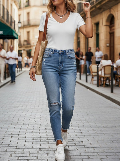 3pcs Women's Short-Sleeve Shirts - V-Neck Slim Fit Solid Color Blouses, Basic Casual & Dressy, Machine Washable - Layering Pieces for, Semi-Formal & Casual Attire - 3pcs