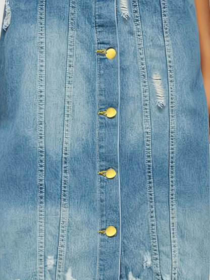 Long Denim Jacket With Worn Holes, Long Denim Trench Coat For Women
