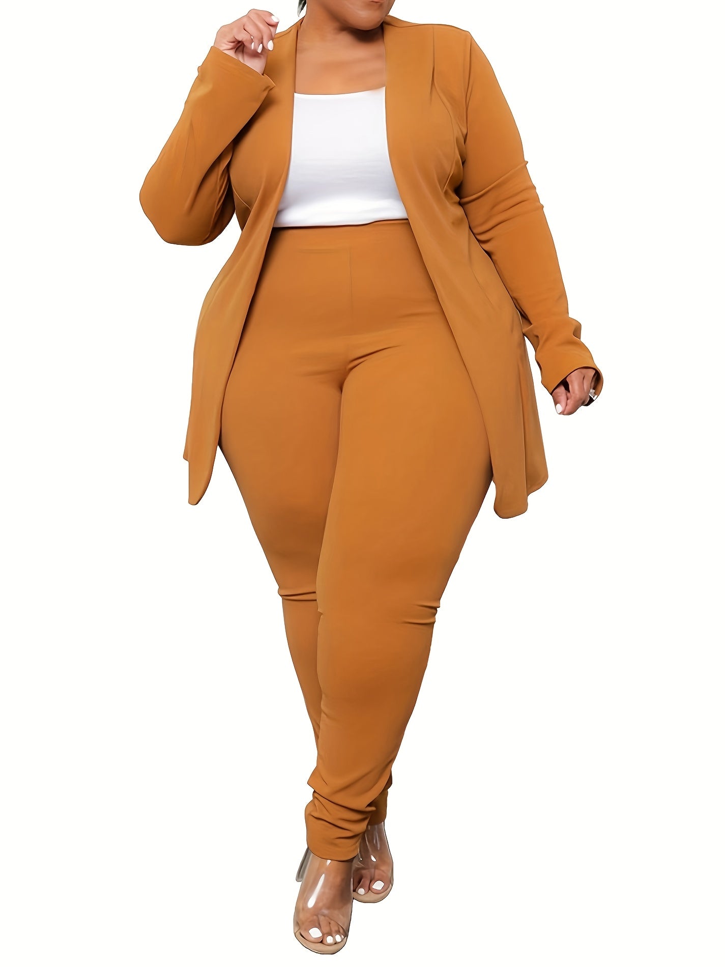 Plus Size - Plus Size - Plus Size Women'S Suit Jacket, Long Pants Two-Piece Set, Fashionable Casual Suit Set
