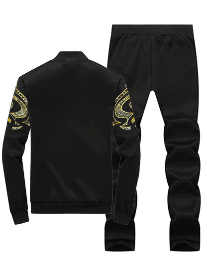 Men'S Casual Sporty Zip-Up Jacket And Joggers Set - Striped, Polyester, Spring/Fall Collection