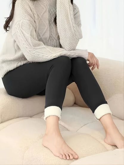 Women'S High-Waisted Leggings with Fleece - Chic Black, Made from a Stretchy Polyamide/Elastane Mix, Perfect for Winter, Machine Washable, Comfortable Attire | Fashionable High Waist | Snug Fit, Adorable Pants