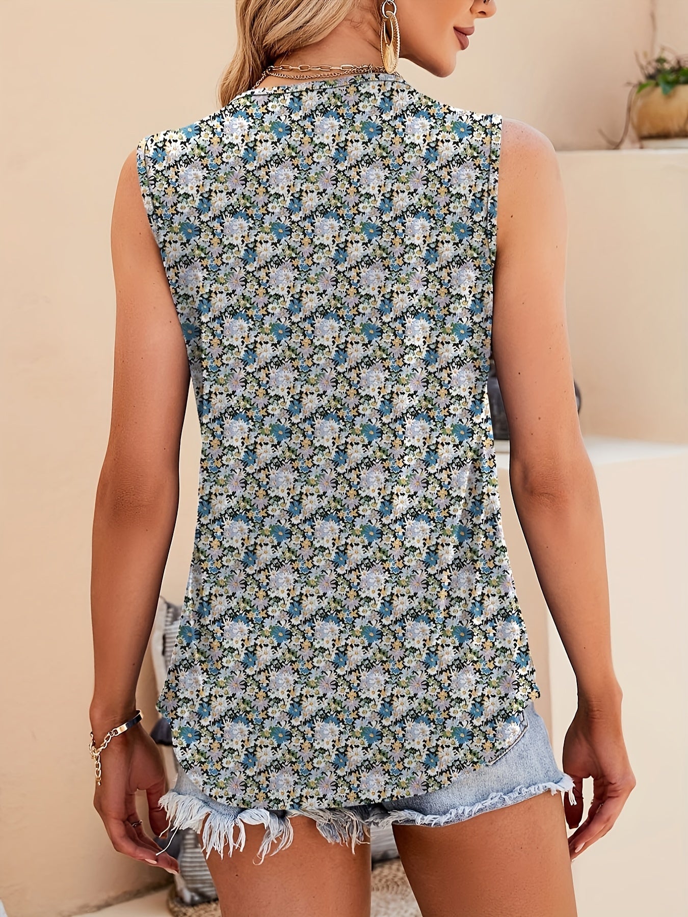 [Floral Print Tank Top] Lightweight Floral Print Women's Summer Tank Top | Square Neck Sleeveless Blouse with Chest Pleats, Loose Fit Tunic for Spring Summer Fall, Machine Washable Casual Chic Tops S-2XL, Ladies Tank Tops, Seasonal Wardrobe Staple, Easy C