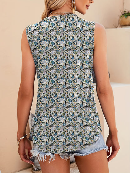 [Floral Print Tank Top] Lightweight Floral Print Women's Summer Tank Top | Square Neck Sleeveless Blouse with Chest Pleats, Loose Fit Tunic for Spring Summer Fall, Machine Washable Casual Chic Tops S-2XL, Ladies Tank Tops, Seasonal Wardrobe Staple, Easy C