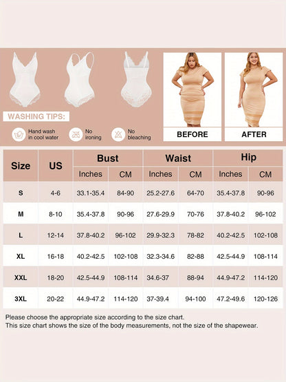 Sleeveless V-Neck Lace Bodysuit for Women, Tummy Control Shapewear Jumpsuit