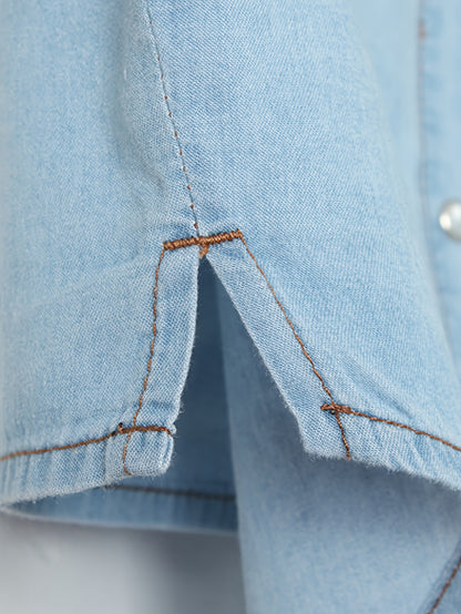 [Denim Crop Top] Chambray Denim Women's Crop Top | Roll Up 3/4 Sleeve Tie Front Knot Shirt