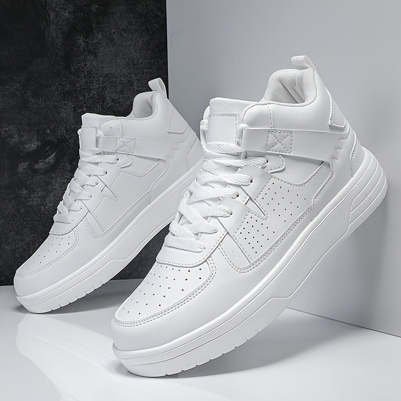 Men's High-Top Lace-Up Sneakers - Durable, Lightweight, Fashionable Casual Sports Shoes, White, PU Upper, MD Sole, EVA/Fabric Insole, Round Toe, Ideal for Hiking, Running & Leisure, Cross Sports Shoes | Lace-Up Closure | Stylish Stitchin