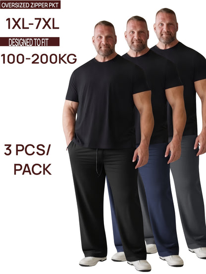 3pcs Men's Big & Tall Lightweight Casual Pants 1XL-7XL, Elastic Waistband with Adjustable Drawstring, Breathable Fast-Dry Wrinkle-Resistant Fabric, Secure Dual Zip Pockets, Comfort Lounge Trousers for Home & Travel, Plain Comfortable Trousers, Breathable