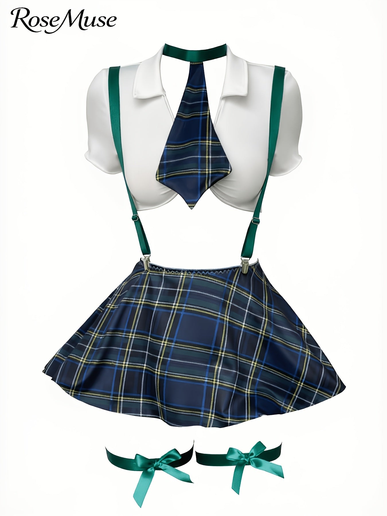 New European And American Style Plus-Size Women'S Cosplay Uniform Set: Plaid Suspender Mini Skirt, Top, Panties, Bow Tie, And Bow Leg Cuffs - 8pcs Set, Laid Skirt Sleeves Uniform Lingerie Set