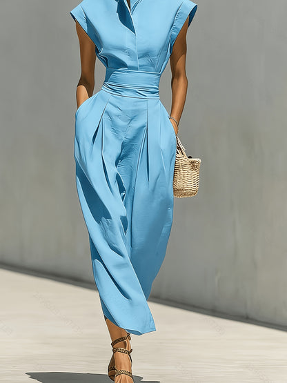 [High-Neck Long Dress] A White Blended Fabric High-Neck Long Dress With An Open Sleeve And A Pleated Waistband Pocket Design, Suitable For Both Professional And Casual Wear