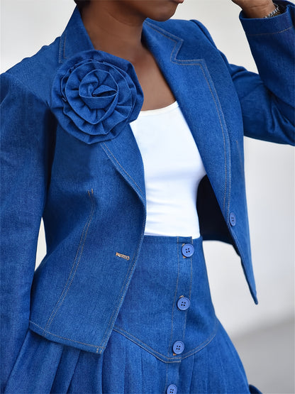 Gifts for Her, Denim Skirt Suit for Women, Designer Applique Jean Blazer And Pleated Skirt 2pcs Set, Business Casual Outfits, Front-breasted, High-rise, Pockets, Lapel Collar, Long Sleeves, Elegant