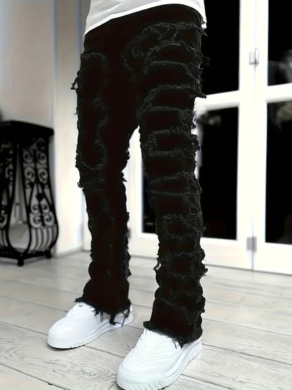 Men's Slim-Fit Straight-Leg Distressed Jeans with Tassel Details - Y2K Streetwear Hip-Hop Skateboard Style Stretch Denim, Machine-Washable All-Season Casual Pants, Casual Wear | Y2K Fashion | Faded Jeans