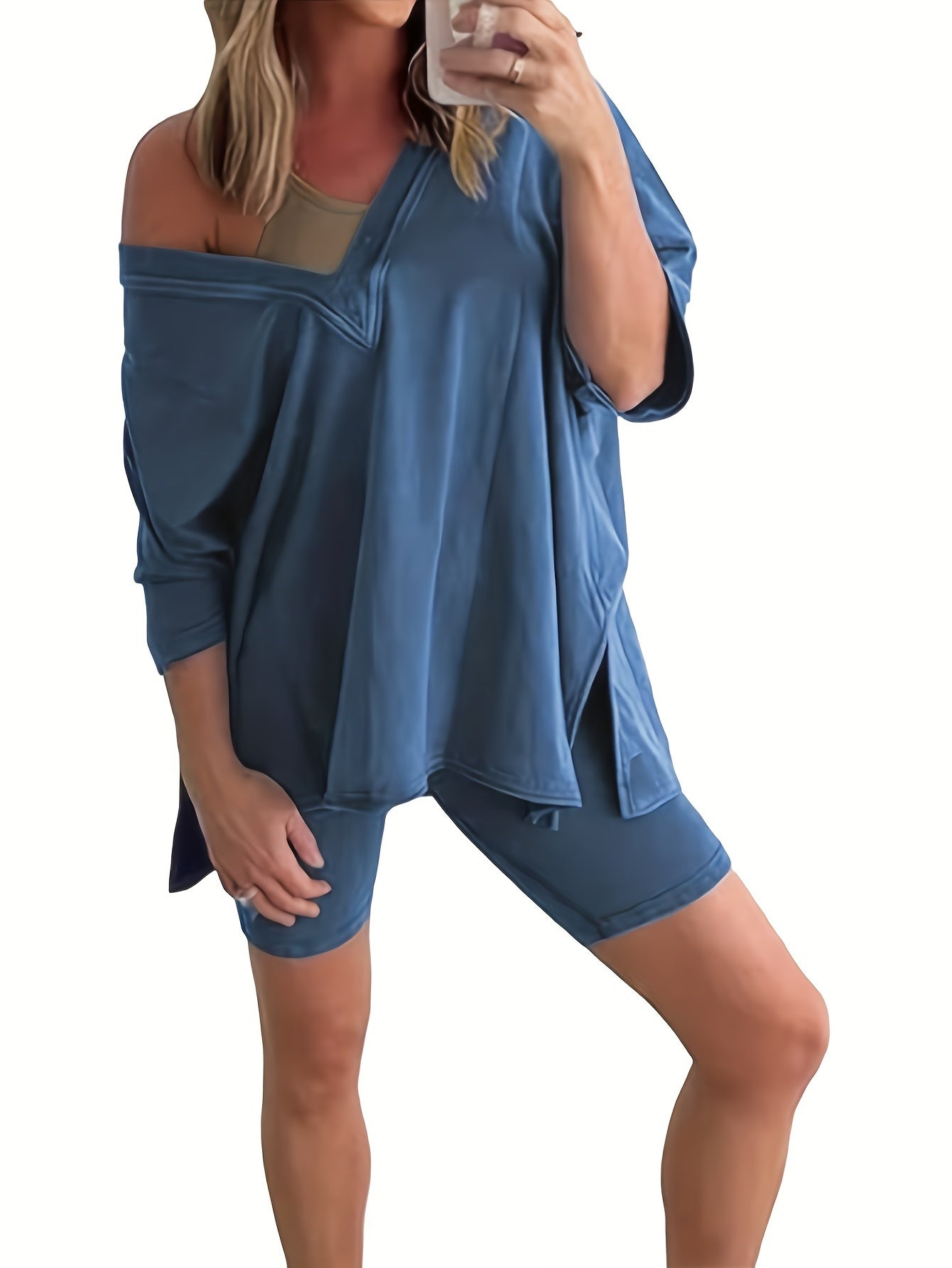 Women'S 2pcs Set Featuring Oversized Biker Shorts And a Reversible