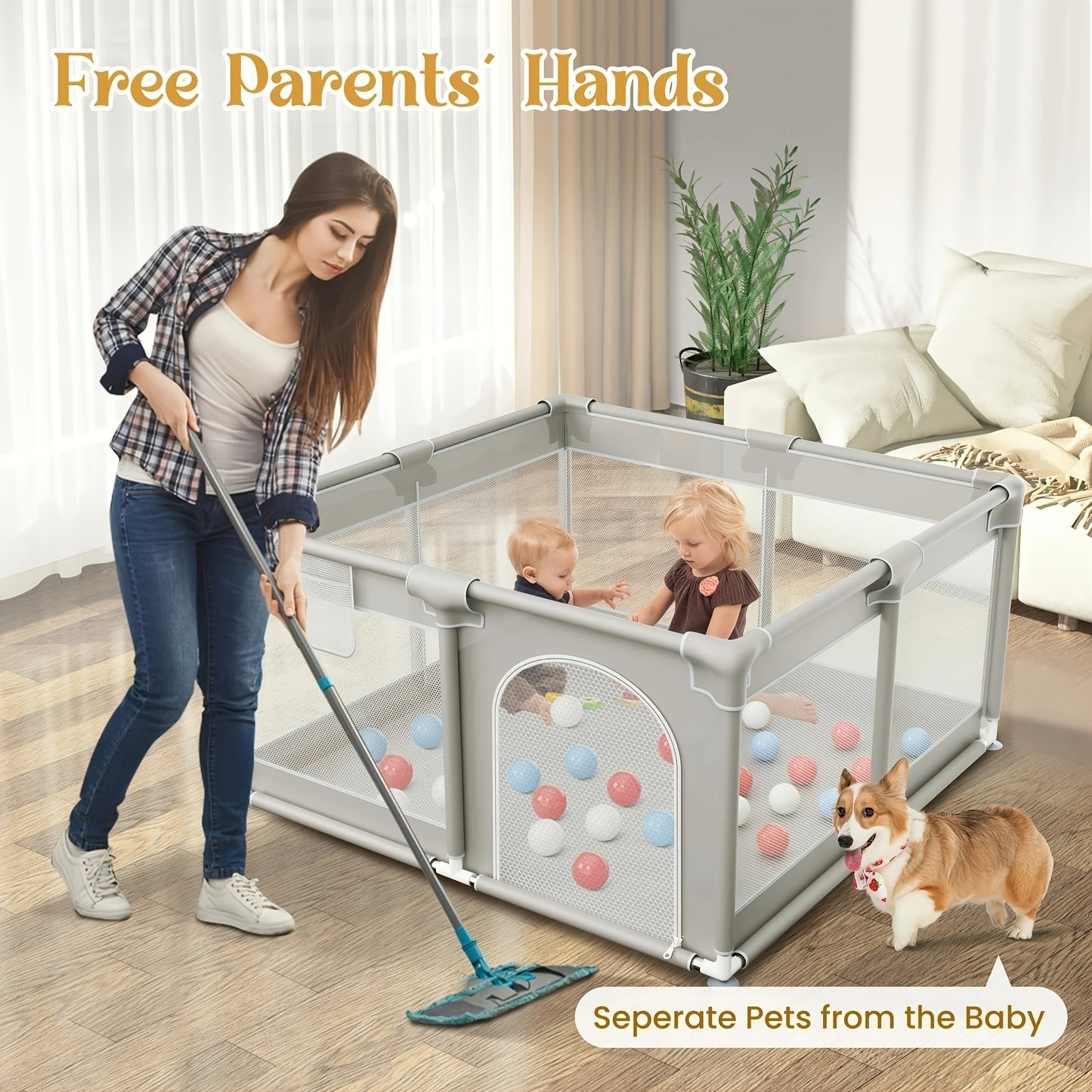 Large 71X71 Inch Beige Baby Playpen - Sturdy Safe Kids Activity Center with Soft Breathable Mesh, Indoor/Outdoor Playpen for Toddlers, Easy Assembly, Durable Playpen for Birthday And Christmas Gifts, Fits Growth Needs