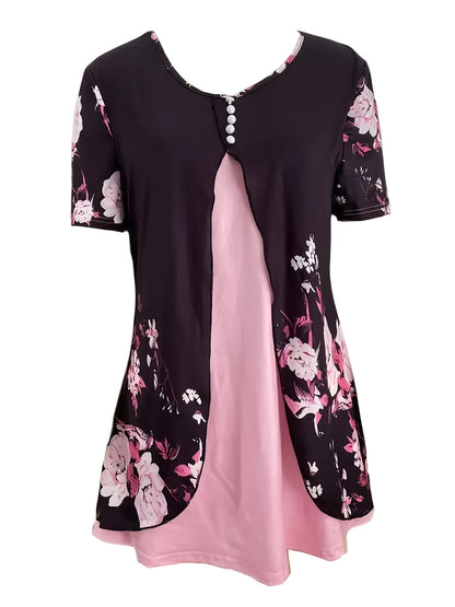 New Summer Short-sleeved Printed Fake 2pcs T-shirt V-neck Fashion Stud Top