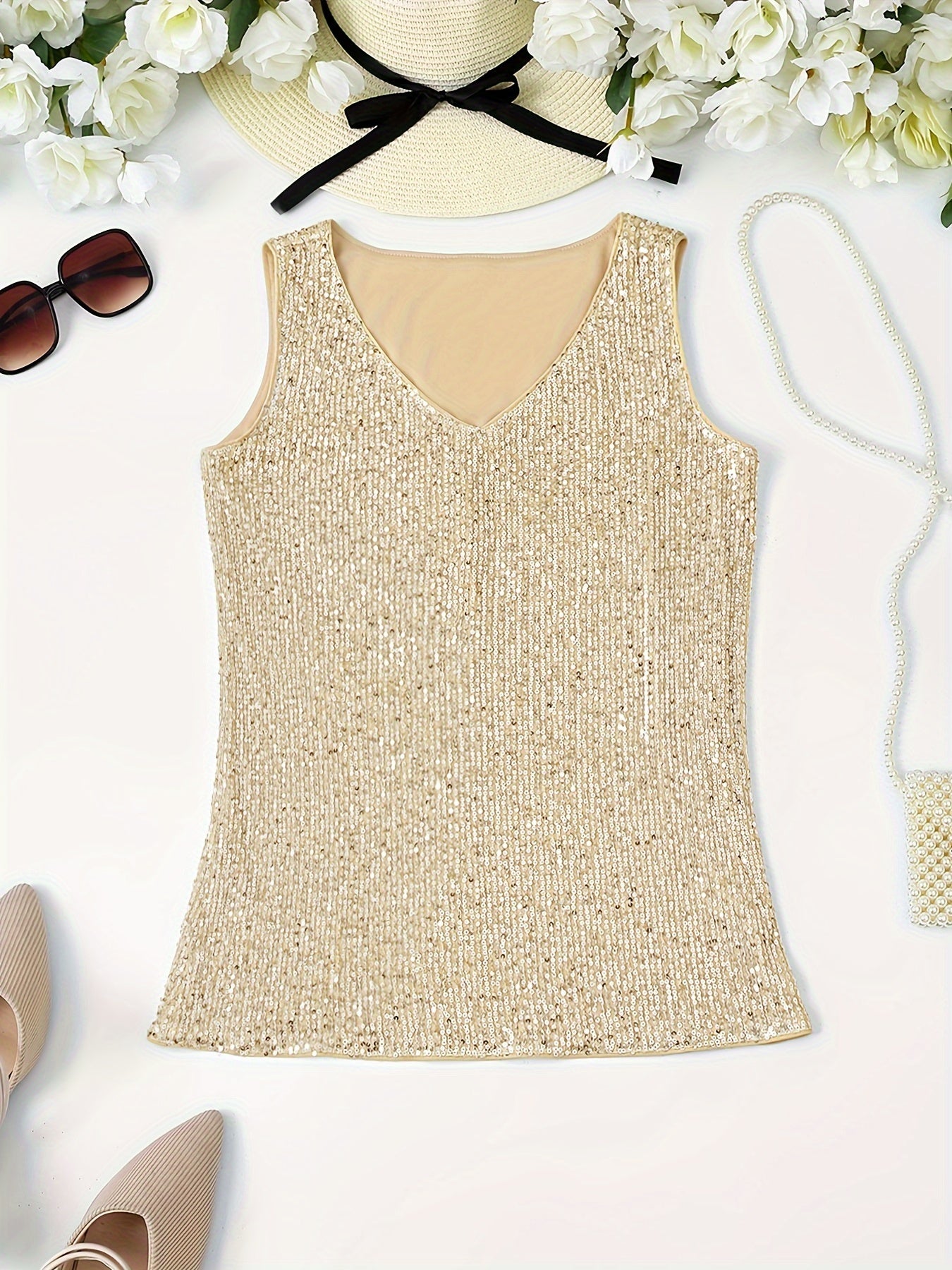 Sparkling Sequin V-Neck Sleeveless Top, Elegant Casual Tank for Spring and Summer Wear