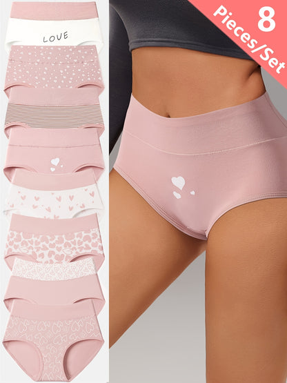 8pcs High-Waist Women's Tummy Control Panties, Breathable Comfort Fit with Heart Print Briefs, Valentine's Day Gift