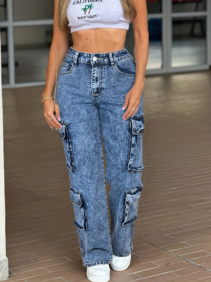 Work Pocket Straight High Waist Straight Jeans, Women's Casual Style Multi-pocket Work Jeans with Stretch And Comfort Heavy Wash Women's Jeans And Clothing