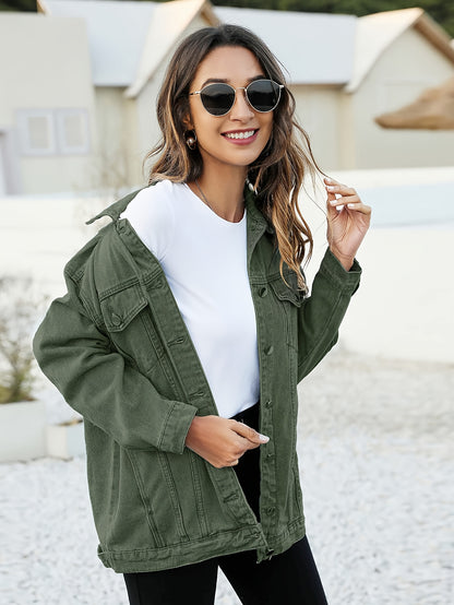 Women's Fashion Denim Jacket - Oversized, Long Sleeve, Mid-Length, Jean Biker Coat