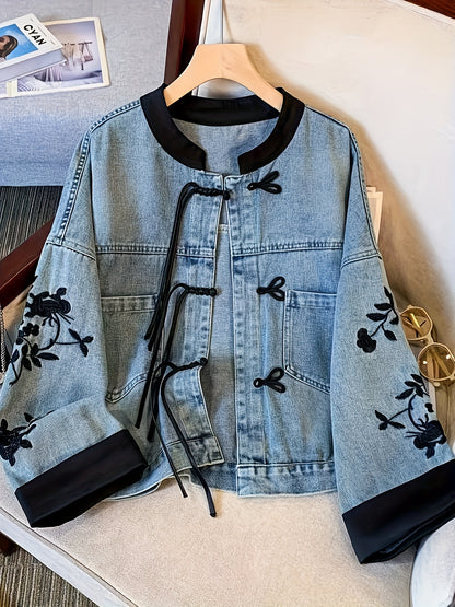 Chinese Style Jacket Women's Non-Stretch Denim Jacket - Vintage Chinese Knot Accent, Lightweight Spring/Fall Coat Non-Transparent Casual Outerwear, Transitional Weather Wear, Intricate Embroidery, Chinese New Year Clothes
