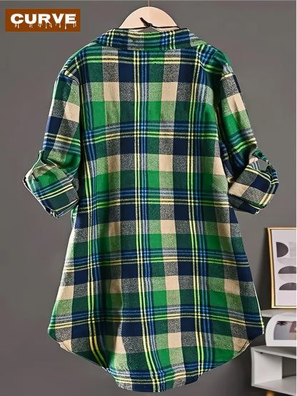 [Plaid Long Sleeve Shirt] For Plus Size - For Plus Size - Autumn And Winter Plaid Long Sleeve Button Up Casual Shirt - Plaid Print, Button Up Design, Pockets, Thin And Thick - A Versatile Shirt For Plus Size Ladies For Life And Work
