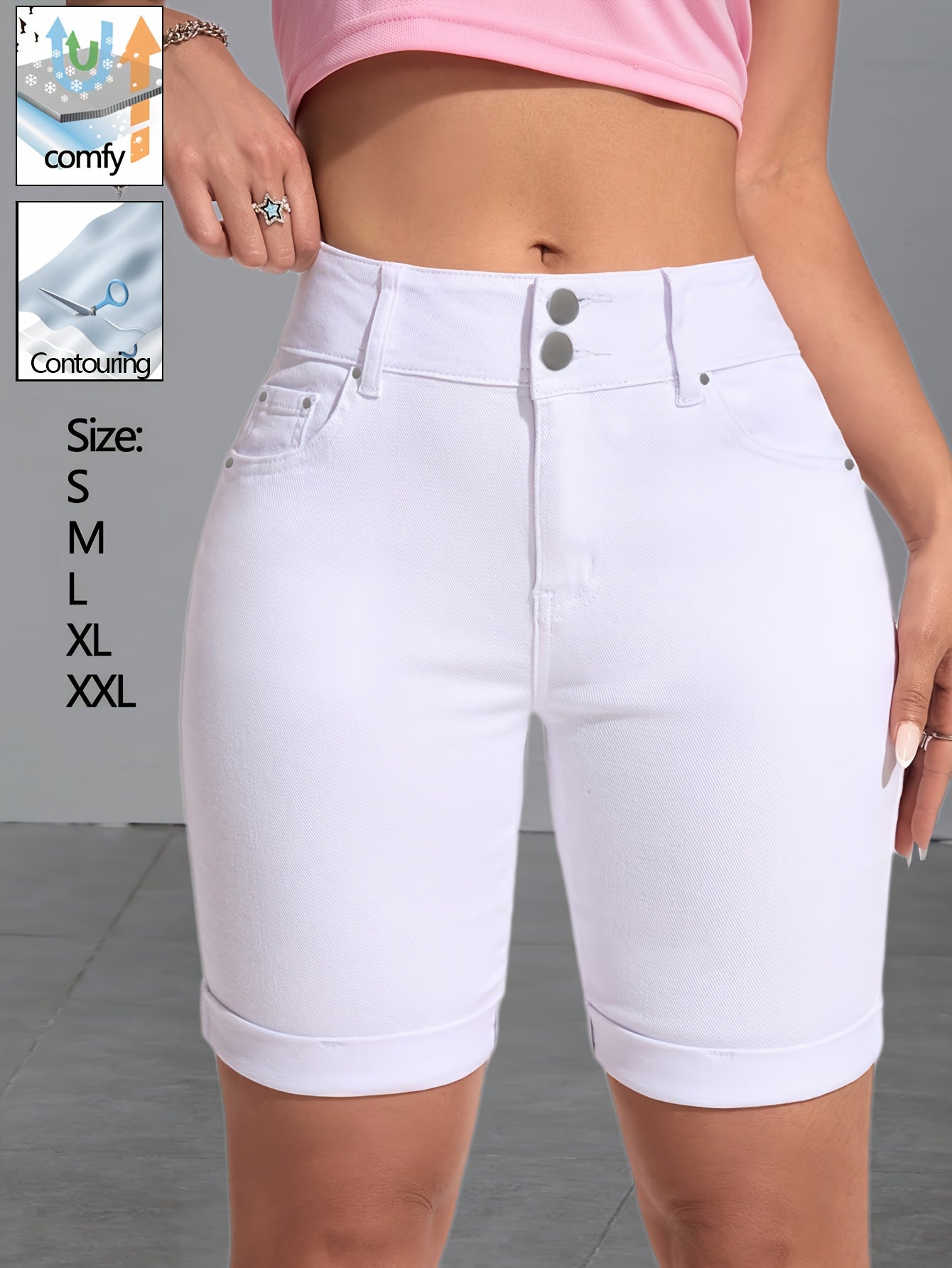 Women White Stretch Denim Bermuda Shorts Slim Fit High Waist Double Button Design Rivet Detailing Cuffed Hem Soft Flexible Fabric Figure Contouring Modern Minimalist Style Versatile Casual Streetwear Comfortable Durable Casual Attire Fashion Forward