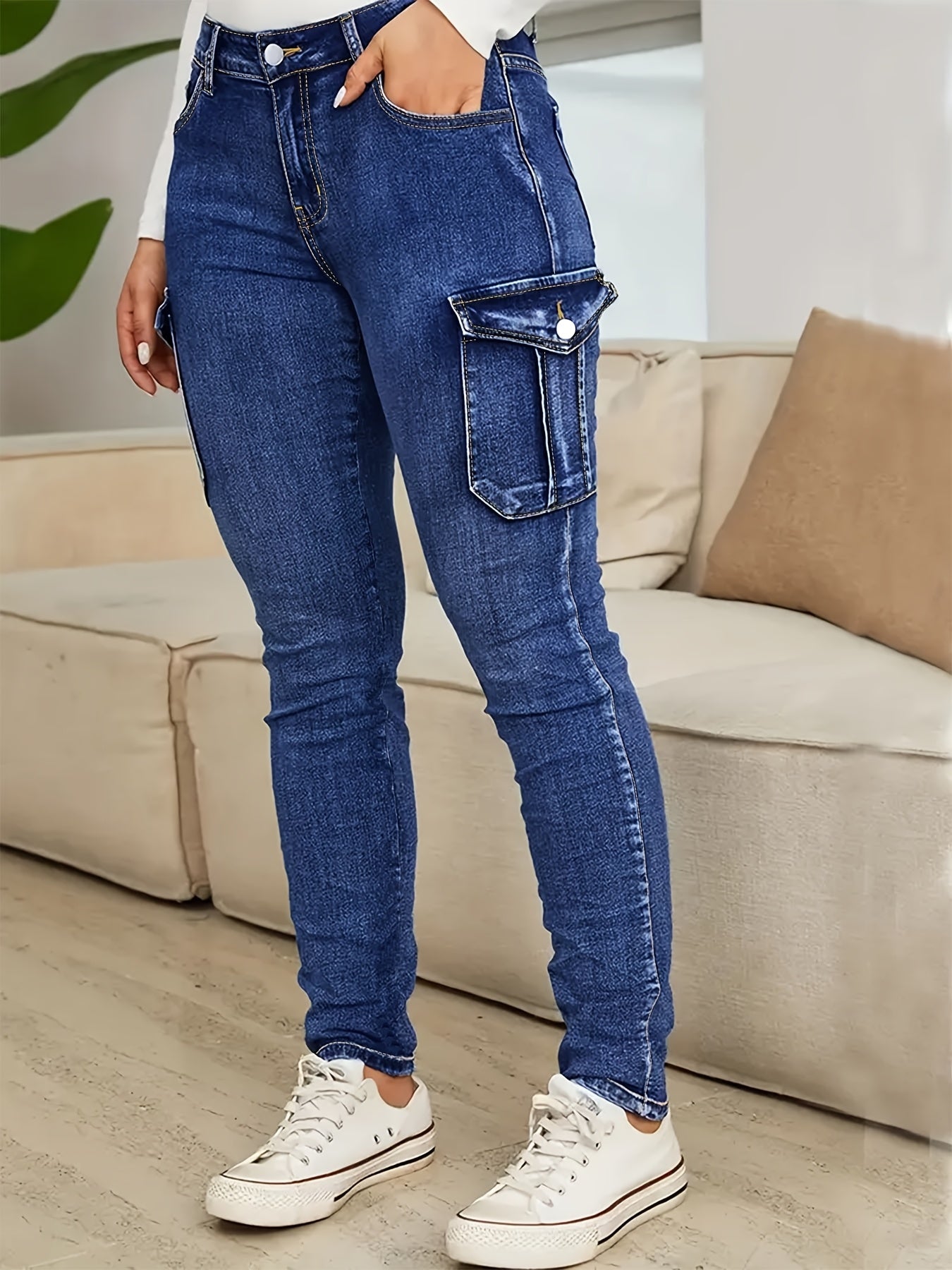 Plus Size - Women'S Plus Size High-Waist Stretchy Skinny Jeans with Pockets - Dark Blue Casual Tight Pants, Comfortable And Stylish for Casual Attire, High Waisted Jeans, Comfortable Clothing, Minimalist Design, Smooth Texture